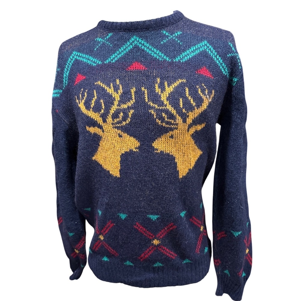 Vintage Robert Bruce Navy Blue‎ Deer Intarsia Knit Sweater